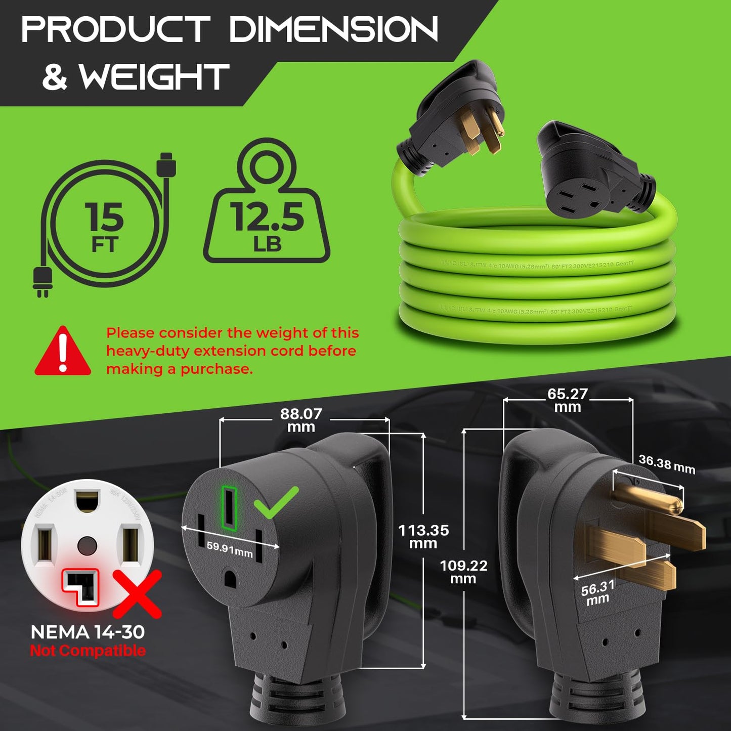 GEARit 50 Amp RV/EV Extension Cord (15 ft) 4-Prong 250-Volt, Compatible with Tesla Model 3/S/X/Y Mobile Charger, NEMA 14-50P to 14-50R 6/3+8/1 STW AWG Gauge Outdoor Waterproof Power Cable - 15 Feet