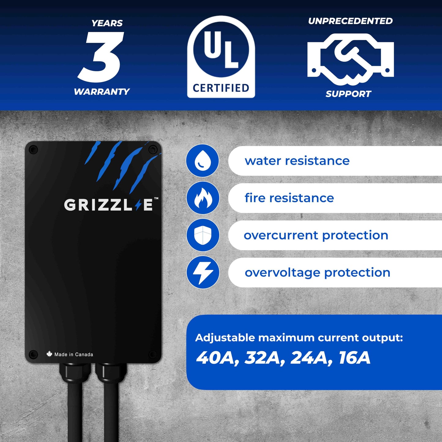 Grizzl-E Classic, Level 2 240V / 40A Electric Vehicle (EV) Charger, UL Certified, Metal Case Enclosure, Indoor/Outdoor Electric Car Fast Wall Charging Station, NEMA 14-50 Plug, Classic Black