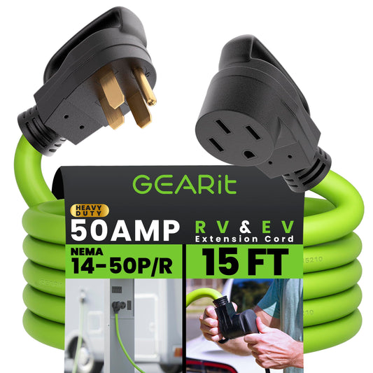 GEARit 50 Amp RV/EV Extension Cord (15 ft) 4-Prong 250-Volt, Compatible with Tesla Model 3/S/X/Y Mobile Charger, NEMA 14-50P to 14-50R 6/3+8/1 STW AWG Gauge Outdoor Waterproof Power Cable - 15 Feet